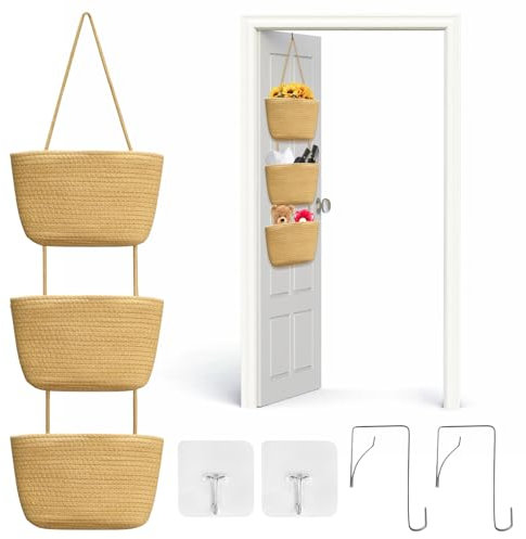 WATUNID Over Door Storage Hanging Basket, 3 Tier Wall Mount Hanging Storage Basket with 4 Pcs Hooks, Woven Cotton Rope Storage Basket Decorative for Bedroom, Living Room, Bathroom, Nursery(Jute)
