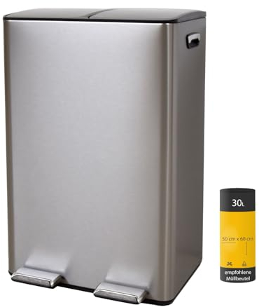 Mülleimer 60L – 2 x 30L Edelstahl Abfallsammler mit getrennter Fußpedal Close-Funktion| Anti-Geruch | Inneneimer herausnehmbar | robuster Treteimer mit Mülltrennsystem | stilvolles Design für Zuhause