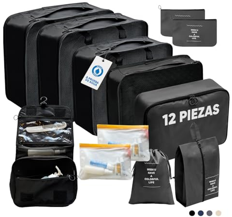 Organizador Maleta Viaje de 12 Piezas - Organizadores de Maletas Impermeables - Packing Cubes - Separadores de Ropa Compactos para Equipaje - Bolsas Organizadoras para Mochila de Cabina (Negro)