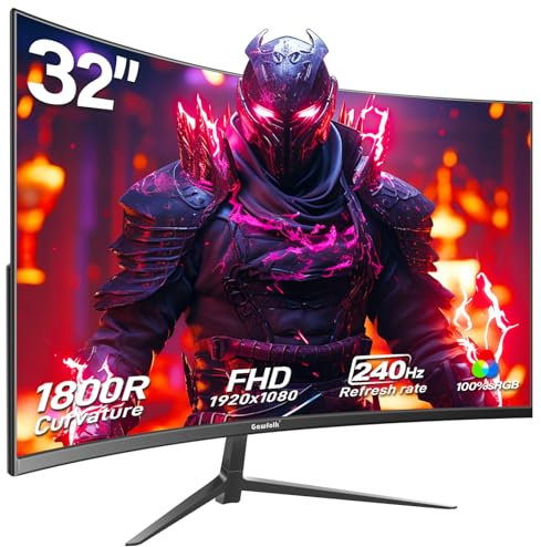 Gawfolk Gaming Monitor 32 Zoll 240Hz, Curved PC Bildschirm Full HD 1080P, Rahmenloses 1800R Gebogenes Computerbildschirm mit FreeSync und Eye Care Technologie, unterstützt VESA