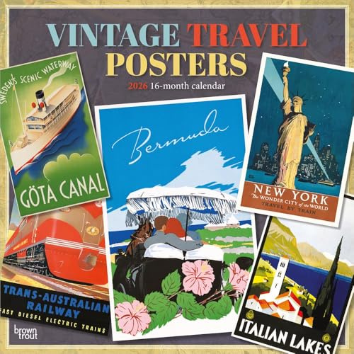 Vintage Travel Posters | 2026 12 x 24 Inch (Hanging) Monthly Square Wall Calendar | Plastic-Free | BrownTrout | Art Railways Illustrations