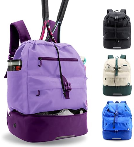 J World Ace Large Tennis Backpack for Women Men. Holds 2 Rackets. Badminton Squash Pickleball Bag. Kids Sports Gym Bag with Shoe Compartment, Purple