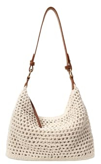 Ulisty Damen Baumwolle Häkeln Maschen-Tasche Handgewebte Sommer Strand Tragetasche Gestrickt Urlaub Hobo Schnur Tasche Bohemian Shopper Schulter Handtasche beige