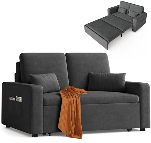 Xbro Sofa Cama 2 Plazas, Sillón Convertible 3 en 1 con Cama, Dos Bolsillos de Almacenamiento, Tapizado en Terciopelo, 147 x 196 x 87cm, Incluye Dos Cojines,Gris Oscuro