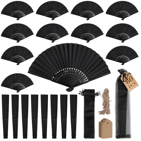 SWAWIS 60 Piezas Abanicos de Tela Negro, Abanico Plegable con 60 Bolsas de Organza y Tarjetas de Agradecimiento, Ventiladores de Bambú para Bodas Bautizos Decoraciones Fiestas DIY
