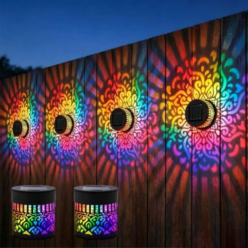 Solar Mandala Wall Lights, 2 Pack 7 Color Changing Decorative Solar Lights | Garden Fence Lights Solar Powered Waterproof Mandala Projection Wall Lamp for Outdoor Yard Patio Backyard Post