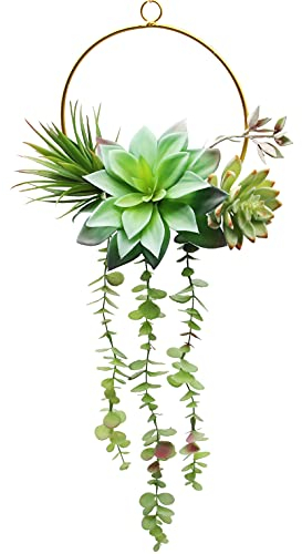 wooloow Türkranz Deko, künstliche Sukkulenten mit Ø 30 cm Gold-Metallring, Frühlingskranz & Sommerkranz, Girlande für Haustür, Fenster, Wand, Hängepflanzen-Dekokranz für Hochzeit & Party