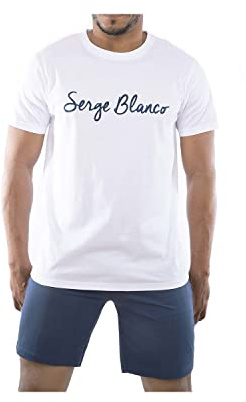 Serge Blanco Pyjama Homme Court 100% Coton, Vêtements de Nuit Homme, Ensemble Doux et Confortable, Taille 2XL - Blanc/Bleu