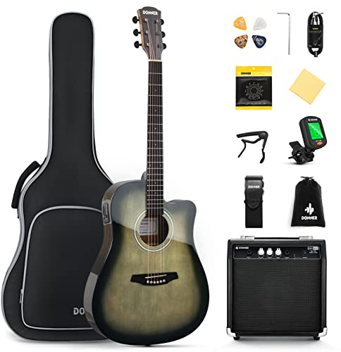 Donner Acoustic Electric Guitar Full Size Kit for Beginner Intermediate with Amplifier Capo Pick Tuner Strings Strap - 41 Inch