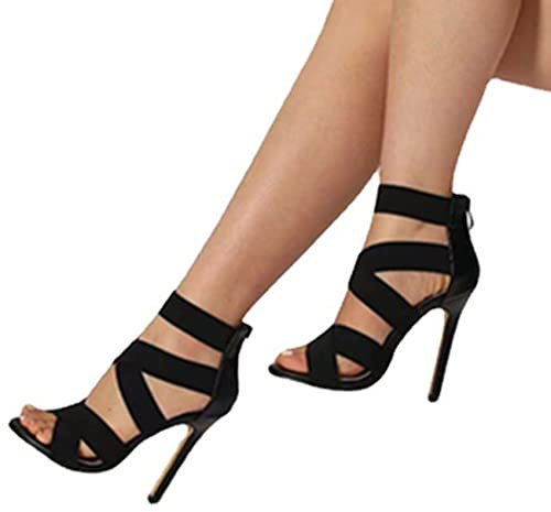 EXECAB Frauen aushöhlen High Heel Open Toe Paketabsatz Hochhackige Sandalen Fischmaul Reißverschluss hinten Stiletto Schuhe geeignet,Schwarz,38