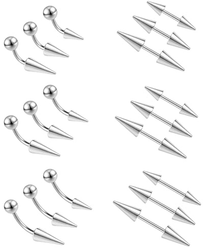 ZS 18Pcs Spike Eyebrow Piercing Jewelry, 16G Curved Barbell Vertical Labret Lip Rings, Spike Tragus Helix Earrings Rook Nose Bridge Rings for Women Men (Sliver,Straight+Curved)