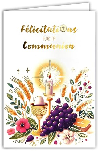 68-6003 Carte Félicitations pour ta COMMUNION en Or Doré Brillant avec Enveloppe 12x17,5cm pour Jeune Chrétien(ne) Catholique Bougie Blé Pain Ostie Coupe Calice Raisins Vin Bible Fabrication Française