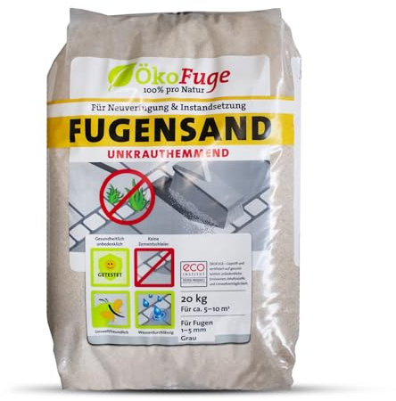 ÖkoFuge Fugensand Grau Einkehrsand Weg Terrasse Pflaster Unkrauthemmend Quarzsand Sand 20kg x 15 Sack 300kg / 1 Palette