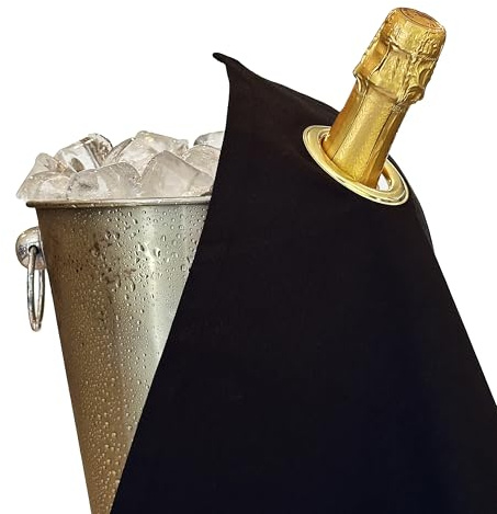 BottleCloths - Collezione Classic, Chiffon per Bottiglia con Anello Metallico per Secchielli del Ghiaccio, Cotone, 42 cm, Foro Angolare (Nero con Anello Oro, Confezione da 1)
