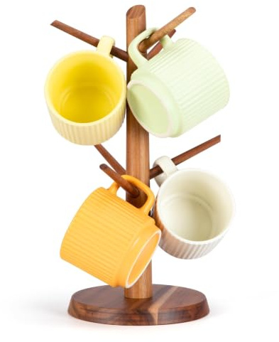 E-ROOM TREND Mug Holder Tree | Acacia Wood Mug Tree Coffee Mug Holder | Coffee Cup Holder | for Kitchen Counter Decor Coffee Bar Accessories and Home Organizer with 6 Hooks Brown(MHA6B)
