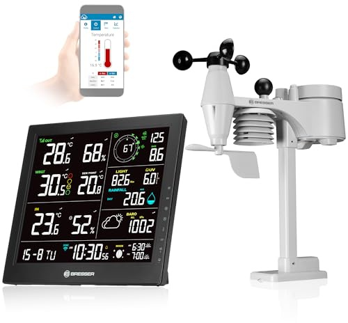 Bresser WLAN-Wetterstation 8-in-1 Außensensor Windmesser Regenmesser UV WBGT Hitzealarm Vorhersage Mondphase Innenhygrometer