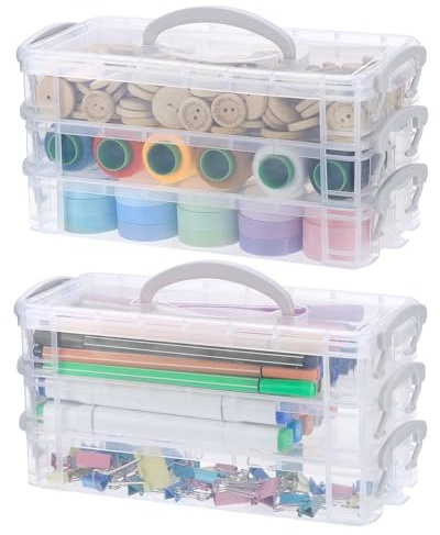QWORK® 2Pcs 3 Tier Clear Plastic Storage Boxes, Storage Box with Handles and Lids, Portable Pencil Cases and Office Supply Organizers, for Home, School, Office