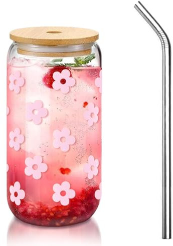 Hebterrka Vaso Estético de Cristal con Pajita y Tapa, Tumbler Estilo Limpio, Vaso con Tapa para Matcha y Estilo Coqueta