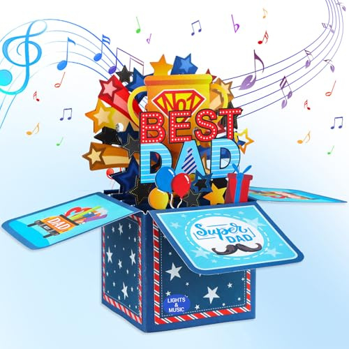 FaCraft Fathers Day Card - NO.1 Best Dad Musical 3D Happy Fathers Day Card Pop Up with Light and Music - with Envelope & Blank Insert & Seal, for Husband Dad from Daughter Son Kids Wife