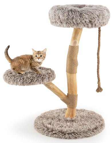 GYMAX Cat Tree, Solid Pear Wood Cat Tower with Sisal Scratching Posts, Perch, Soft Long Plush, Multi-Level Kitty Climbing Tower for Indoor Cats (50 x 50 x 90 cm)