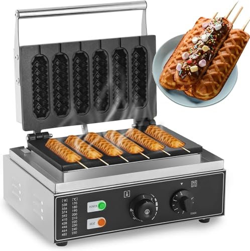 1550W French Hot Dog Waffle Maker, Commercial 6pcs Waffle Stick Maker,Electric Nonstick Corn Dog Maker,50-300℃ Temperature Control,1-5 Minutes Timer,Stainless Steel French Muffin Cooker
