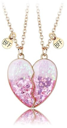 Best Friend Necklaces for 2 Girls BFF Necklaces Friendship Gifts for Women BFF Necklace for 2 Best Friend Heart Matching Gifts for Bestie Birthday Gift Jewellery for Women (Sequin Pink)