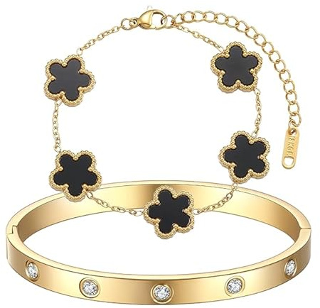 CHAOTEMAI Pulsera Trebol, Pulsera Mujer, Trebol De Cuatro Hojas, De Acero Chapado En Oro De 18 Quilates, Adecuado Para Cumpleaños, Navidad, Fiestas, Niñas, Damas, Regalos De Pareja (Negro)