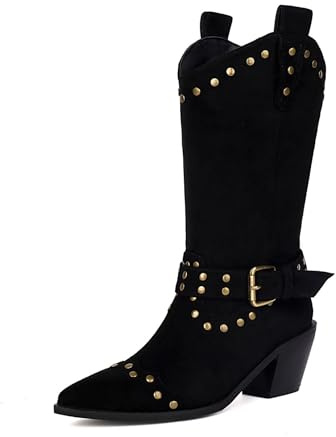 Générique Femmes Suédine Synthétique Bottes Mi-Mollet avec Clous Bout Pointu Bottines Courtes avec Boucle Talon Moyen Épais Style De Cowboy Western,Noir,35.5 EU