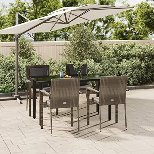 QJBSAVVA Gruppo da giardino in rattan sintetico con cuscino grigio scuro, 140 x 70 cm, tavolo da giardino con piano in vetro e 4 sedie, pieghevole, salvaspazio, per balcone, terrazza e giardino