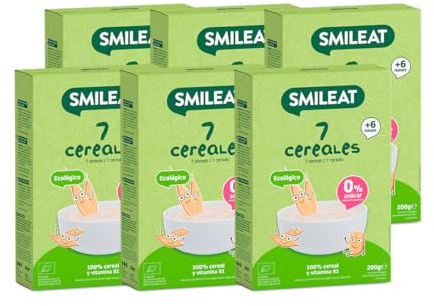 Smileat - Pack 6 Papilla para peques Ecológica de 7 Cereales - Sin Azúcar Añadido - Ingredientes Vegetales - Fácil de Diluir y Preparar