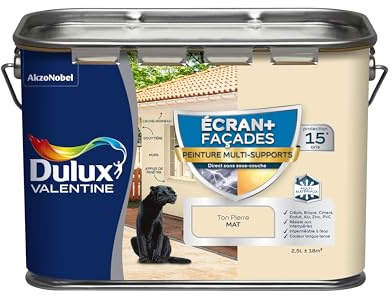 Dulux Valentine Peinture Ecran+ Multi-Supports Extérieure Façades - Crépis, Briques, Ciment, Enduit, Alu, Zinc, PVC - Couleur Longue Tenue - Mat Ton Pierre 2,5L