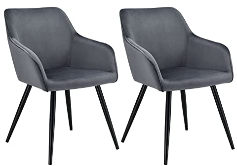 Juskys Esszimmerstühle 2er Set Tarje mit Rückenlehne & Armlehne, Metallbeine, Samt Bezug, bis 110 kg belastbar, 2 Stühle Esszimmer Küche Küchenstühle - dunkelgrau
