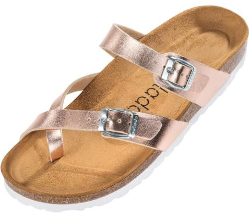 Palado Pantoletten Damen Cres Metallic - elegante Sandalen Made in Spain - bequeme Hausschuhe mit dämpfendem Kork-Fußbett - modische Sommerschuhe Rose/Silber UK9 - EU42