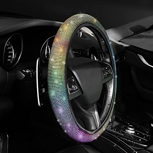 URAQT Lenkradbezug Glitzer, Universal Auto Lenkradbezug, Vollrhinestones Lenkradabdeckung Lenkrad Dekoration für Frauen, Bunt