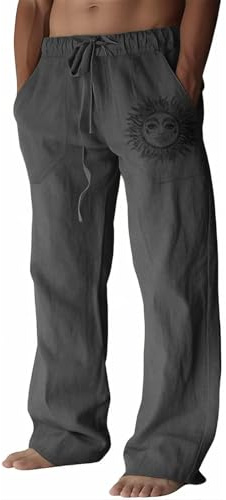 Puimentiua Pantalones Lino Hombre Verano Casual Pantalon Anchos Hombre de Lino y Algodón Transpirables Cómodos con Cordón Bolsillos Laterales Elegantes para Vacaciones Playa