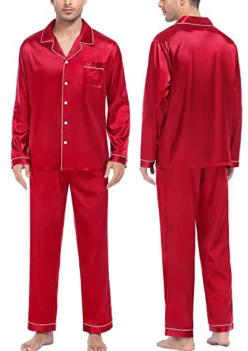 SWOMOG Pyjama Set for Men Long Sleeve Satin Pyjamas Two Piece Sleepwear Button-Down Loungewear Silk Pjs Red