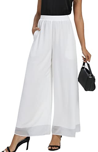 Fakanhui Pantalon Palazzo Femme en Chiffon à Jambe Large avec Taille Élastique - Pantalon Fluide Décontracté pour Travail, XL