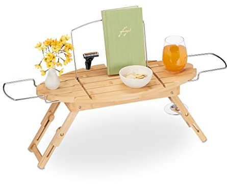 Relaxdays Badewannenablage Bambus & Metall, ausziehbar, 69-90 cm, Buchstütze, Weinglashalter, Badebrett mit Füßen, Natur