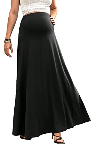 OYOANGLE Women's Maternity High Waist A Line Flared Swing Pregnancy Long Maxi Skirt Black M