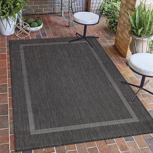 Carpetsale24 Outdoor Teppich Läufer 60x100 cm Schwarz Bordüre Design Flachgewebe Wetterfest Waschbar für Balkon Küche Flur Eingang