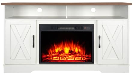 MachenFlame Insertar Chimenea eléctrica TV Stand,Centro de Entretenimiento Mesa Consola con LED Realista Efecto Llama Pantalla,Botón y Mando a Distancia,23 Chimenea (Blanco, 147.3CM)