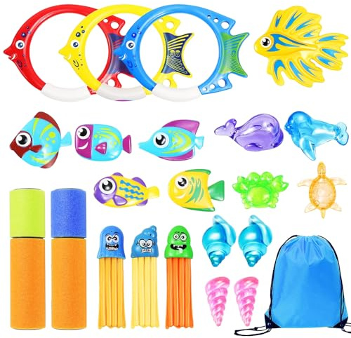 Mizikuu 23 Pezzi Giocattoli da Immersione, Piscina Subacquei con Anello, Siluro e Coda Gravitazionale - Regalo Estivi per Bambini