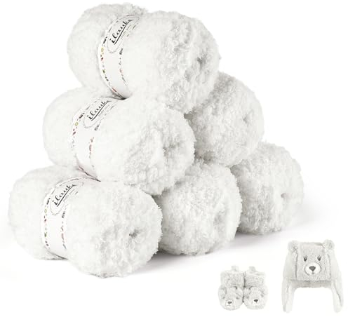 ilauke Fluffy Yarn 6x50g, White Fluffy Wool for Knitting, Flutterby Chunky Yarn for Crochet, Soft Wool for Blanket, Baby Clothes, Dolls, Rug