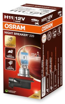 Osram NIGHT BREAKER 220, H11, +220% mehr Helligkeit, Halogen-Scheinwerferlampe, 64211NB220, Faltschachtel (1 Lampe)