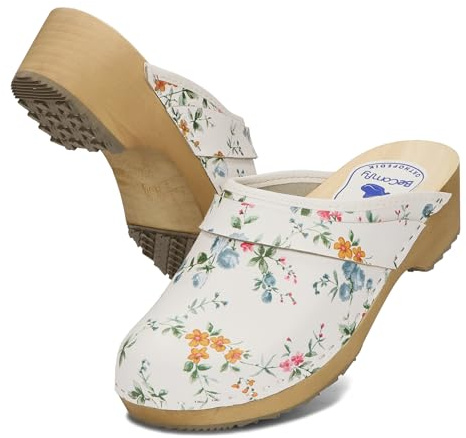 BeComfy Unisex Leder Clogs Damen Holzclogs Herren Echtleder Holzclogs Gartenclogs Holzsohle 35-46 EU (Bunte Blumen, EU Schuhgrößensystem, Erwachsene, Numerisch, M, 38)