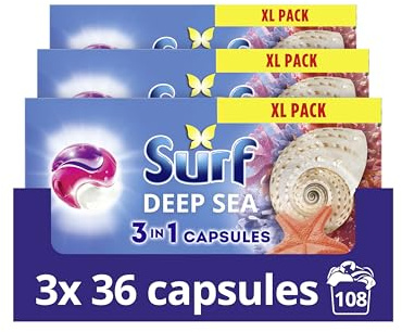 Surf 3 in 1 Deep Sea Laundry Washing Detergent Capsules 108 washes (3x 36 capsules) joy-infused fragrance with essential oils lasting up to 12 hours in wear for brilliantly clean results