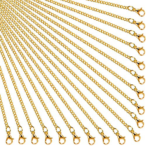 Hicarer 24 Pack Gold Plated Necklace Chain for Women Bulk 16-26 Inch 2 mm Gold Plated DIY Cable Link Chains for Jewelry Making with Lobster Clasps for DIY Necklace Jewelry Making Supplies(16 Inch)