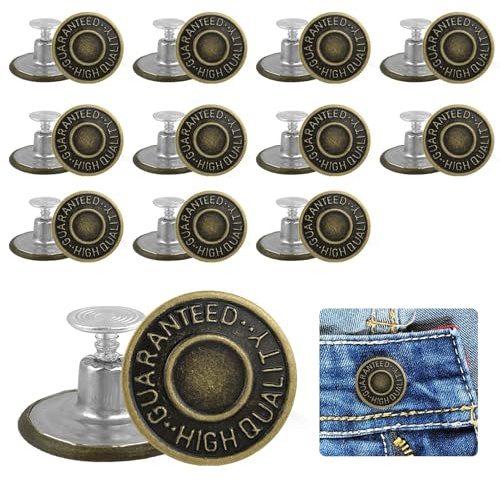 12pcs Jeans Button 20mm Brass Tack Fasteners with Aluminium Back Pin Metal Replacement for Clothing Repair Jeans Trousers Pants Jackets Denims Skirts Clothes Missing Buttons Bronze