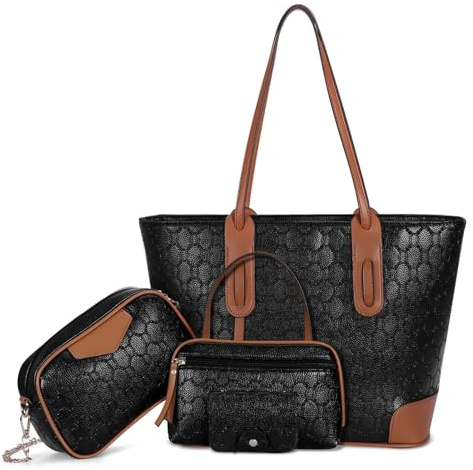 HUA ANGEL Conjunto de Bolsos para Mujer de 4 Piezas – Bolso Tote Grande para Ordenador de 14'', Bandolera de Cadena, Bolso de Mano y Cartera para Trabajo, Universidad, Viajes y Regalo