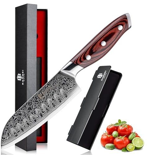 BANREI Couteau Santoku Japonais 13cm – Lame Brut de Forge – Acier Damas 67 Couches AUS-10 62HRC – Couteau de Cuisine Ultra-Tranchant – Manche Pakka Rouge & Coffret Cadeau Bois
